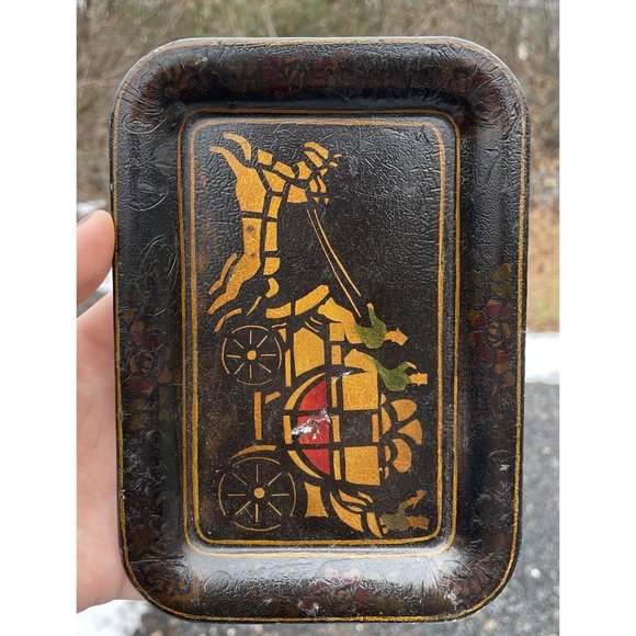 Vintage Hand Painted Toleware Rectangular Diminutive Tray Tip Snack Black Gold - Picture 3 of 16
